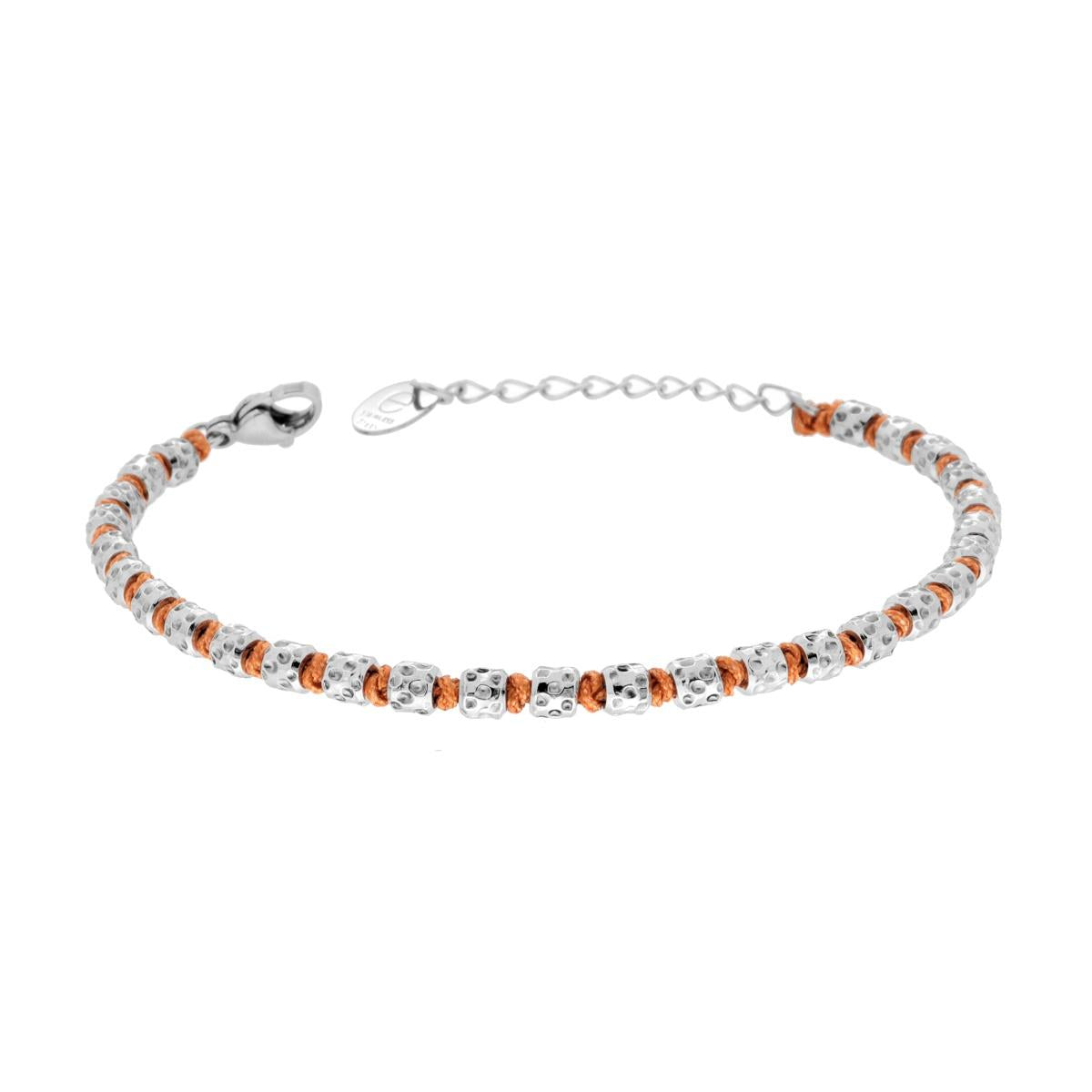 Bracciale Catena di Cilindretti Martellati alternati a Nodi in Cotone Arancione in ACCIAIO<BR>