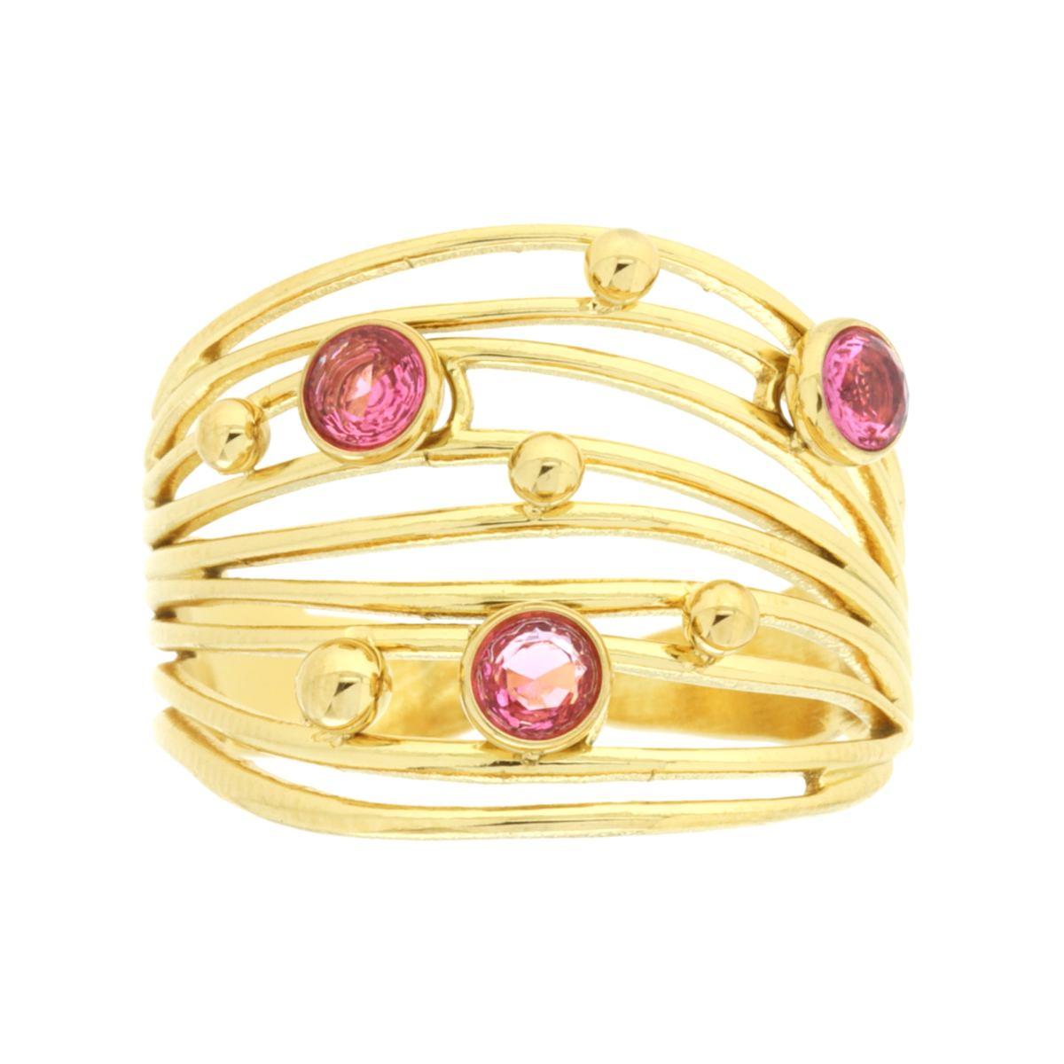 Anello Fascia Multifilo con Crystal Rosa in ACCIAIO colore Oro<BR>