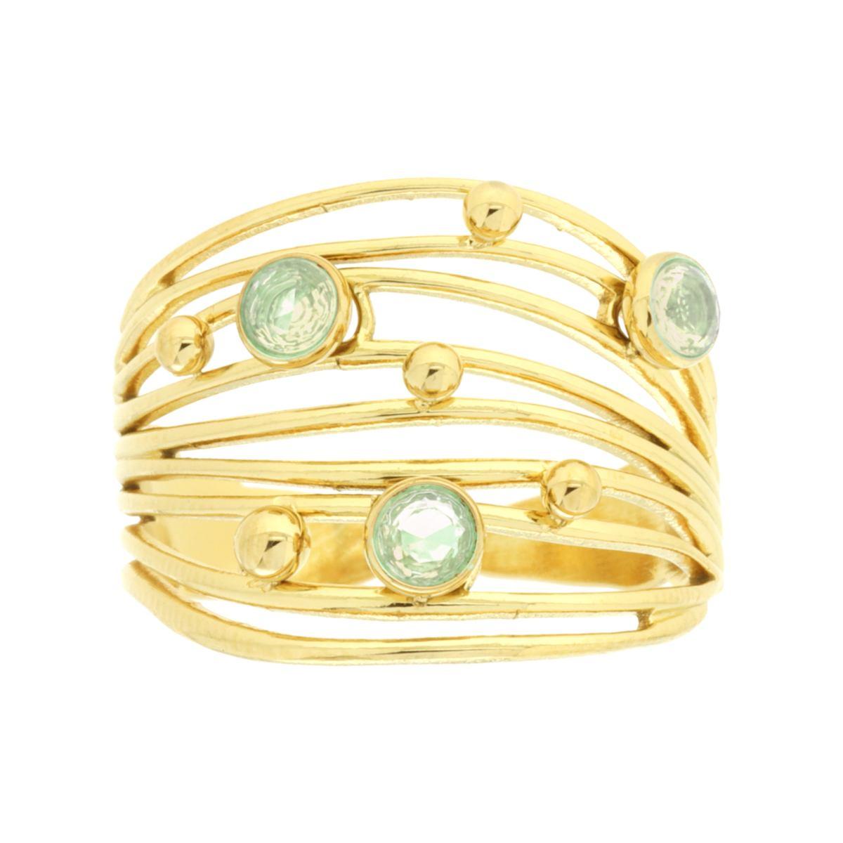 Anello Fascia Multifilo con Crystal Verde in ACCIAIO colore Oro<BR>