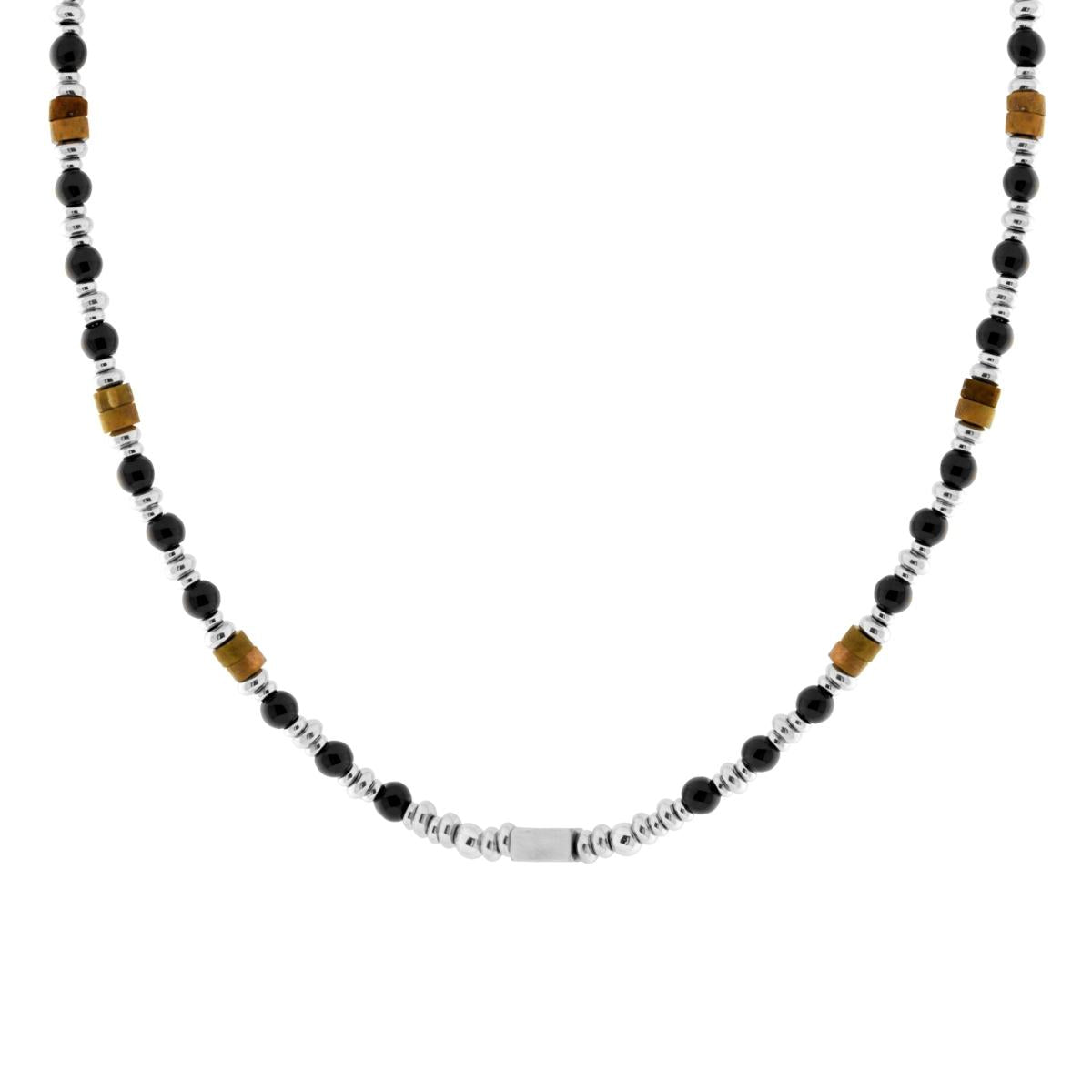 Collana Catena con Palline Pietra Nero e Cilindretti Pietra Occhio di Tigre in ACCIAIO<BR>