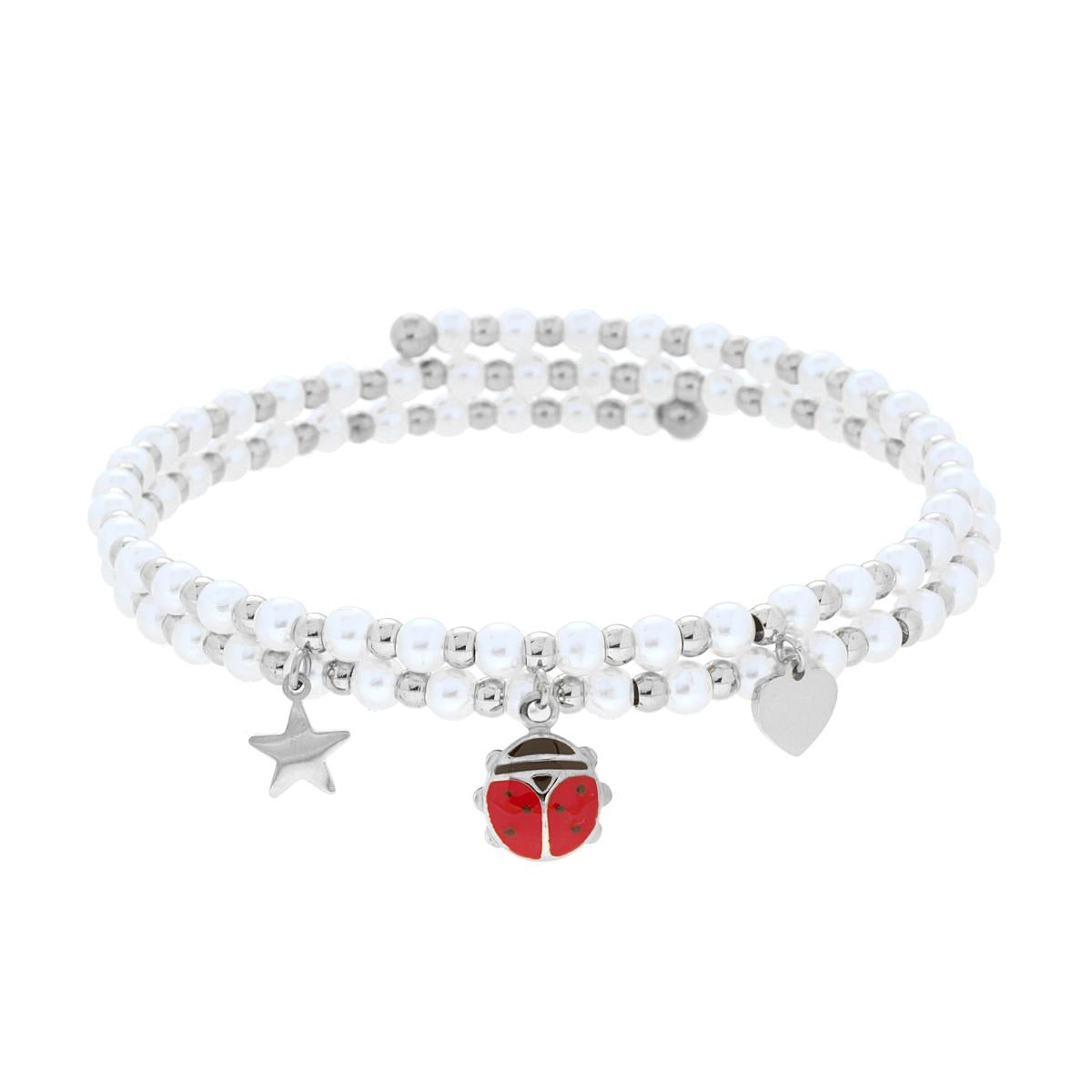 Bracciale Semirigido con Perle Palline e Stella Cuore e Coccinella pendenti con Smalto Rosso in ACCIAIO
