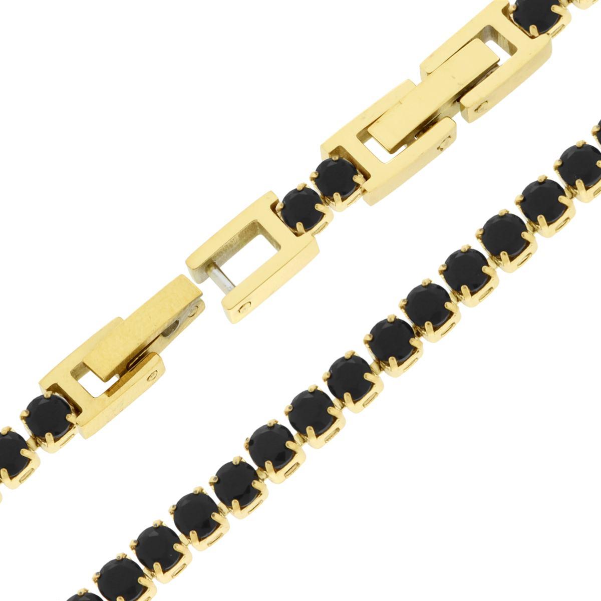 Bracciale Tennis Griffe cm 17+2 con Crystal mm 2 Neri regolabile in ACCIAIO colore Oro<BR>