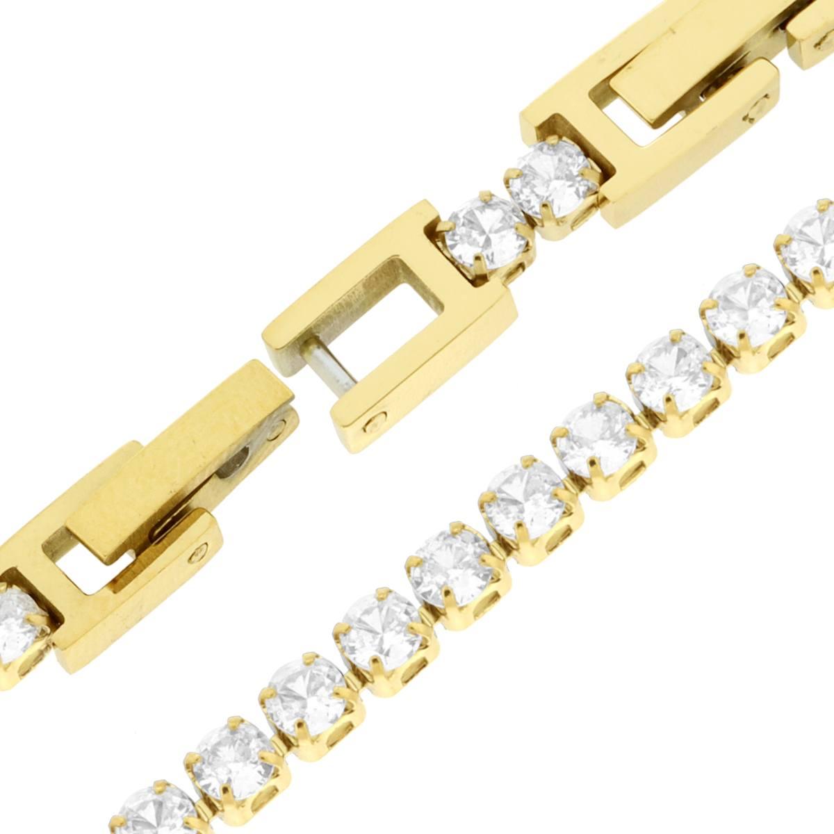 Bracciale Tennis Griffe cm 17+2 con Crystal mm 3 Bianchi regolabile in ACCIAIO colore Oro<BR>