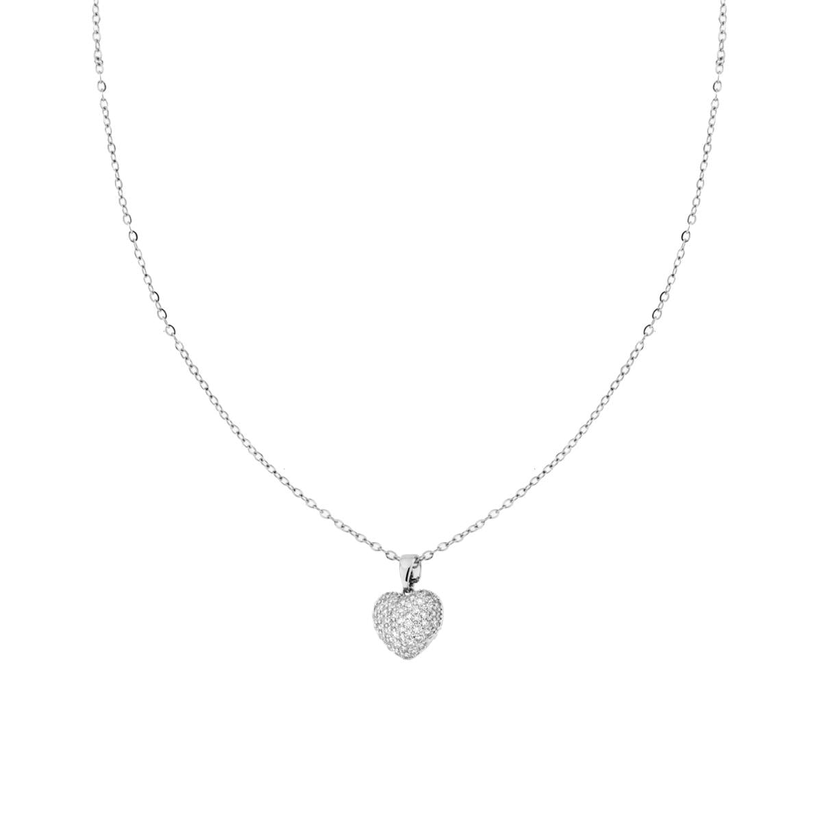 Collana Catena Forzatina Diamantata con Cuore Bombato e Crystal Bianchi in ACCIAIO<BR>