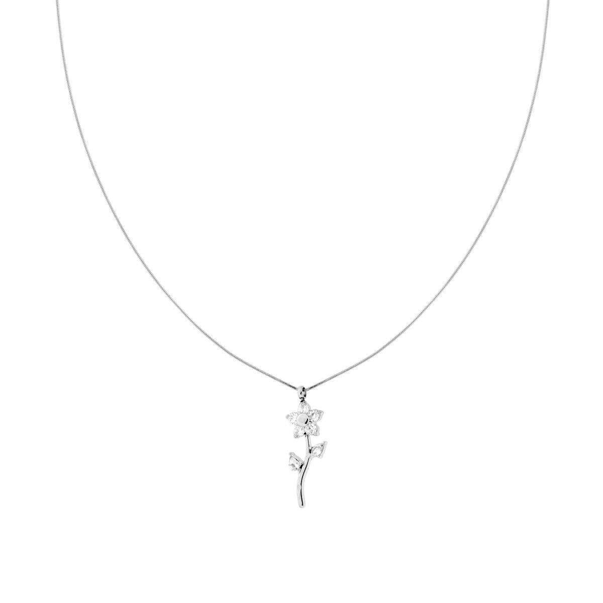 Collana Catena Coda di Topo Diamantata con Fiore e Crystal Bianchi in ACCIAIO<BR>