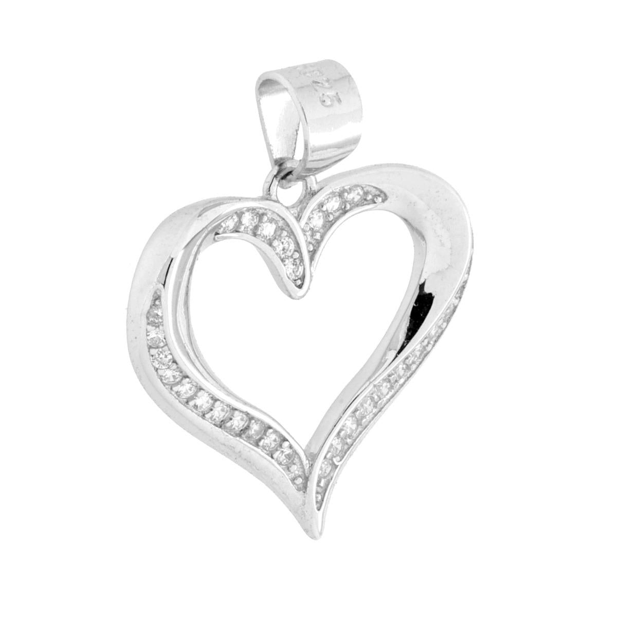 Ciondolo Cuore con Cubic Zirconia Bianchi in ARGENTO 925 Galvanica Rodio<BR>
