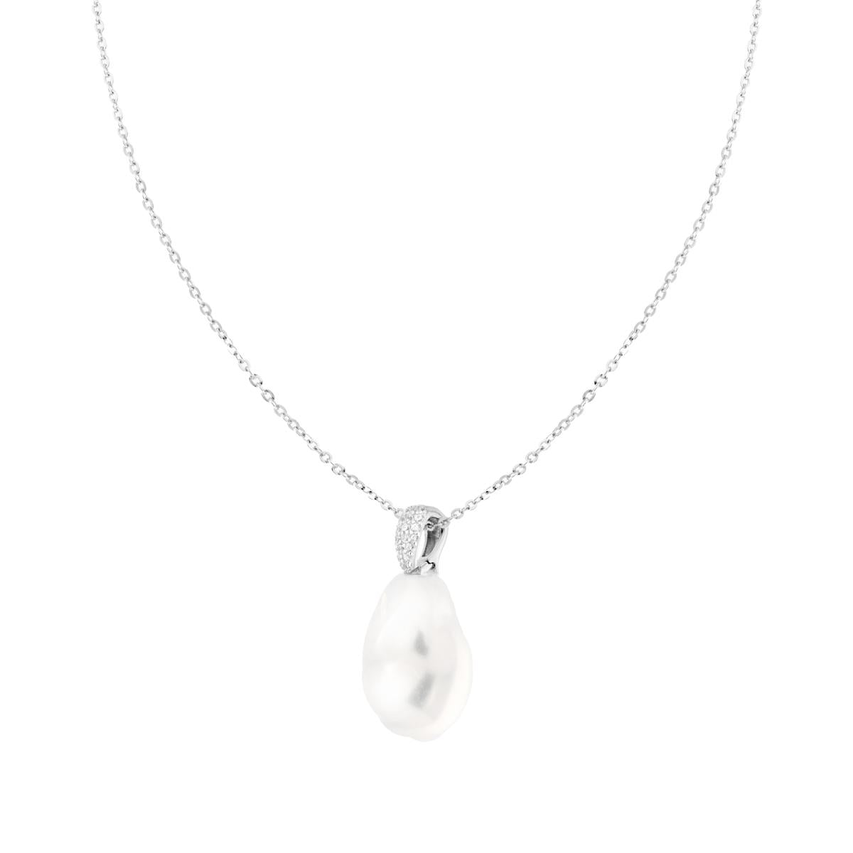Collana Catena Forzatina Diamantata con Perla Scaramazza e Cubic Zirconia Bianchi in ARGENTO 925 Galvanica Rodio<BR>