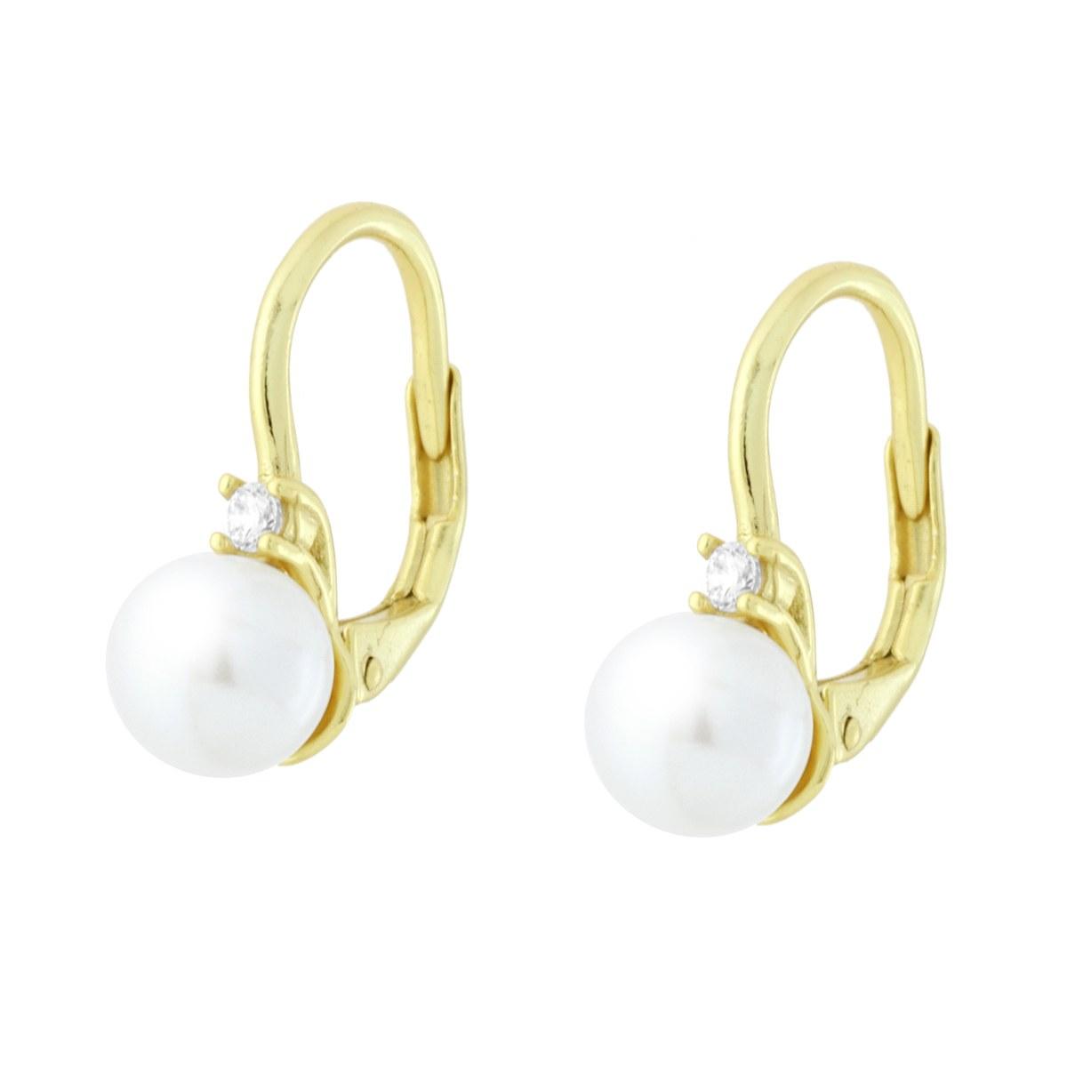 Orecchini Monachella Perla mm 6 con Cubic Zirconia Bianco in ARGENTO 925 Galvanica Oro<BR>