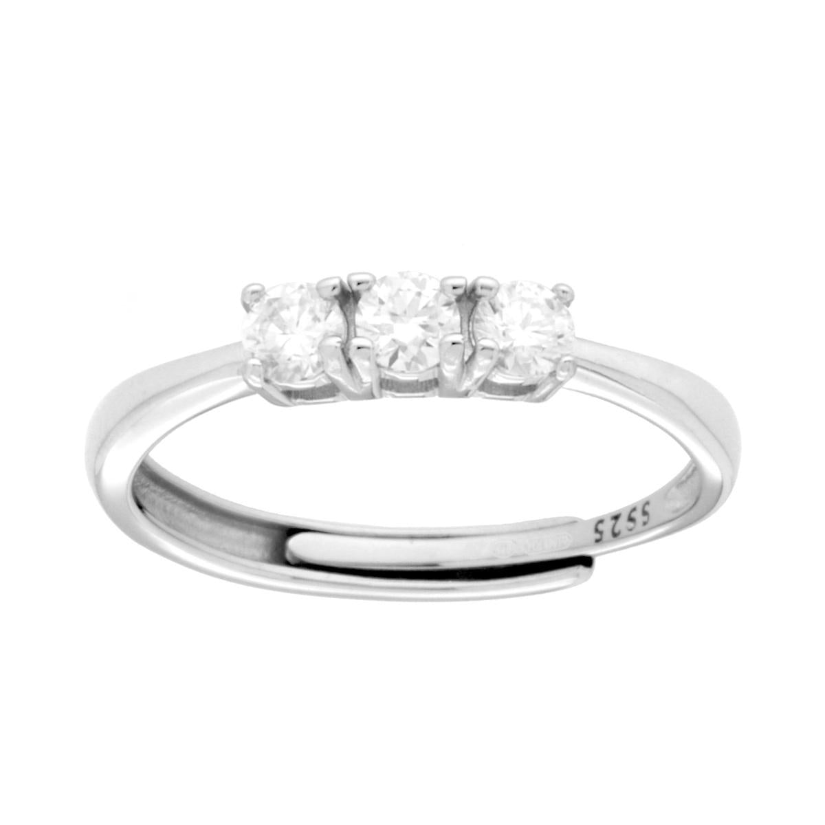Anello Trilogy con MOISSANITE Bianco mm 3 in ARGENTO 925 Galvanica Rodio<BR>