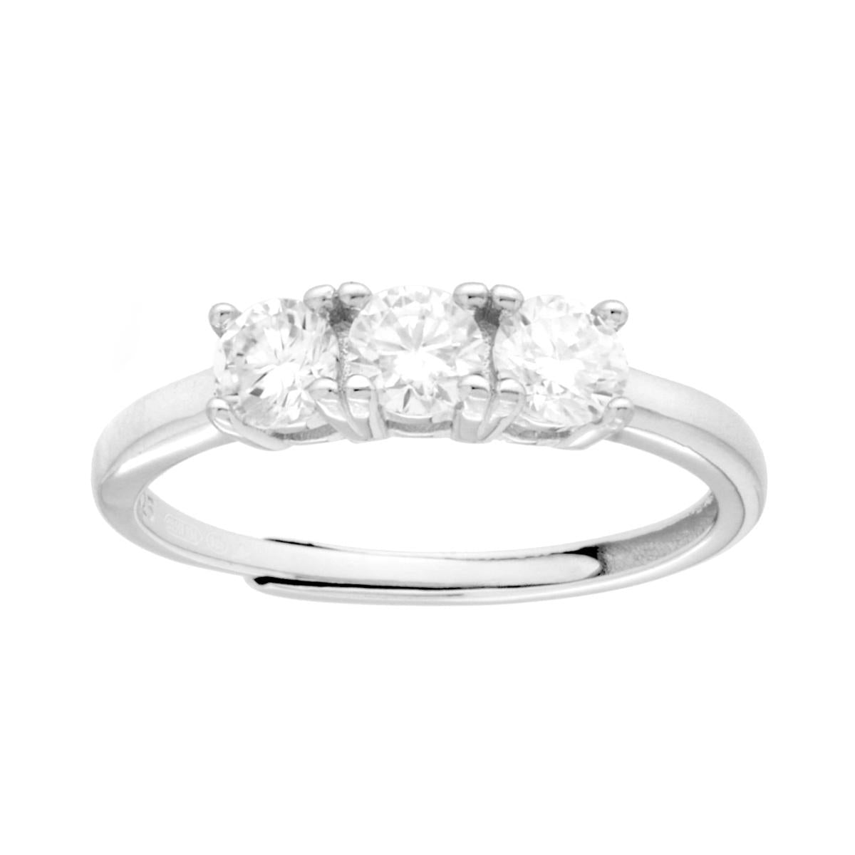 Anello Trilogy con MOISSANITE Bianco mm 4 in ARGENTO 925 Galvanica Rodio<BR>