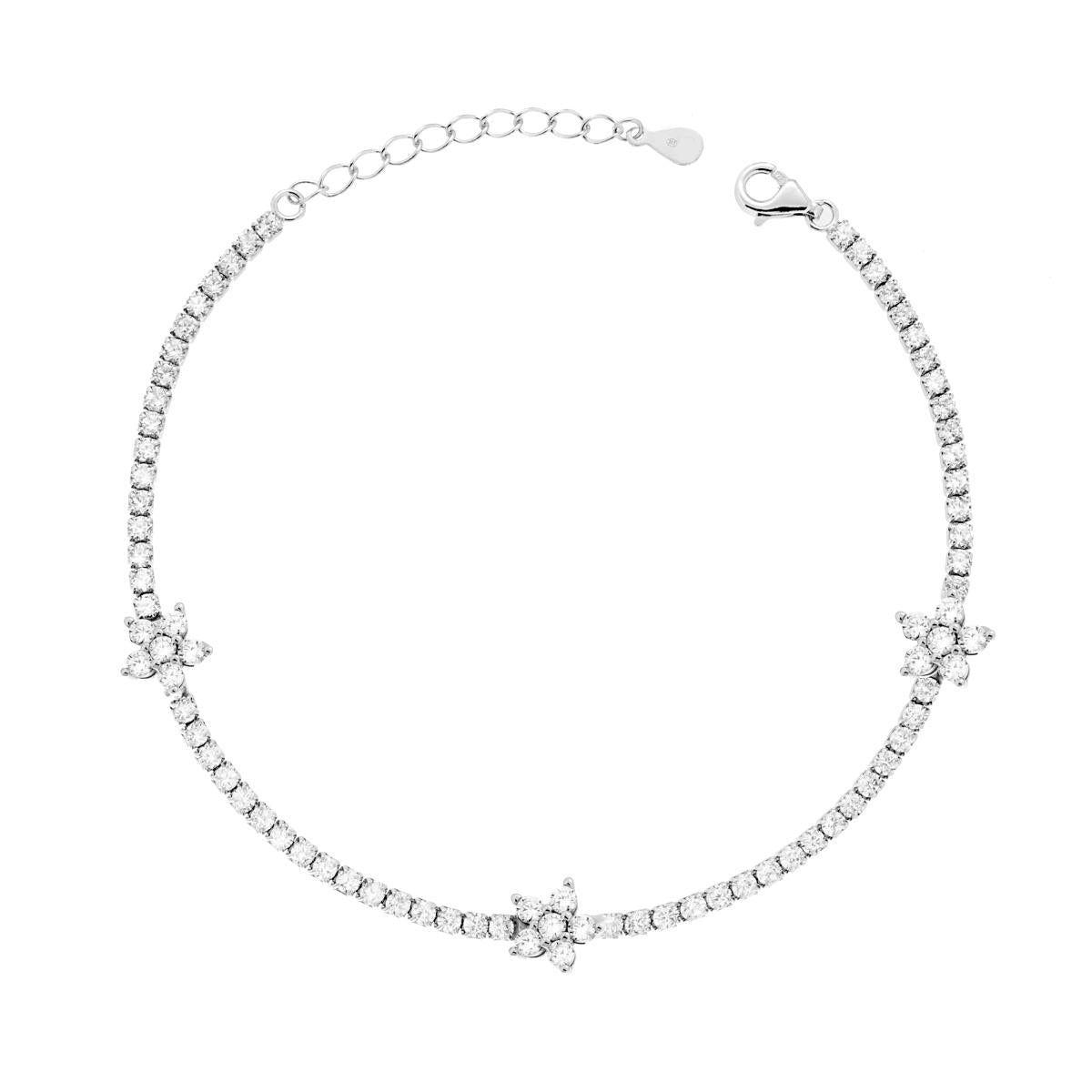 Bracciale Tennis Griffe cm 17+3 mm 2 con Cubic Zirconia Bianchi e Fiori con Cubic Zirconia Bianchi in RAME Galvanica Rodio<BR>