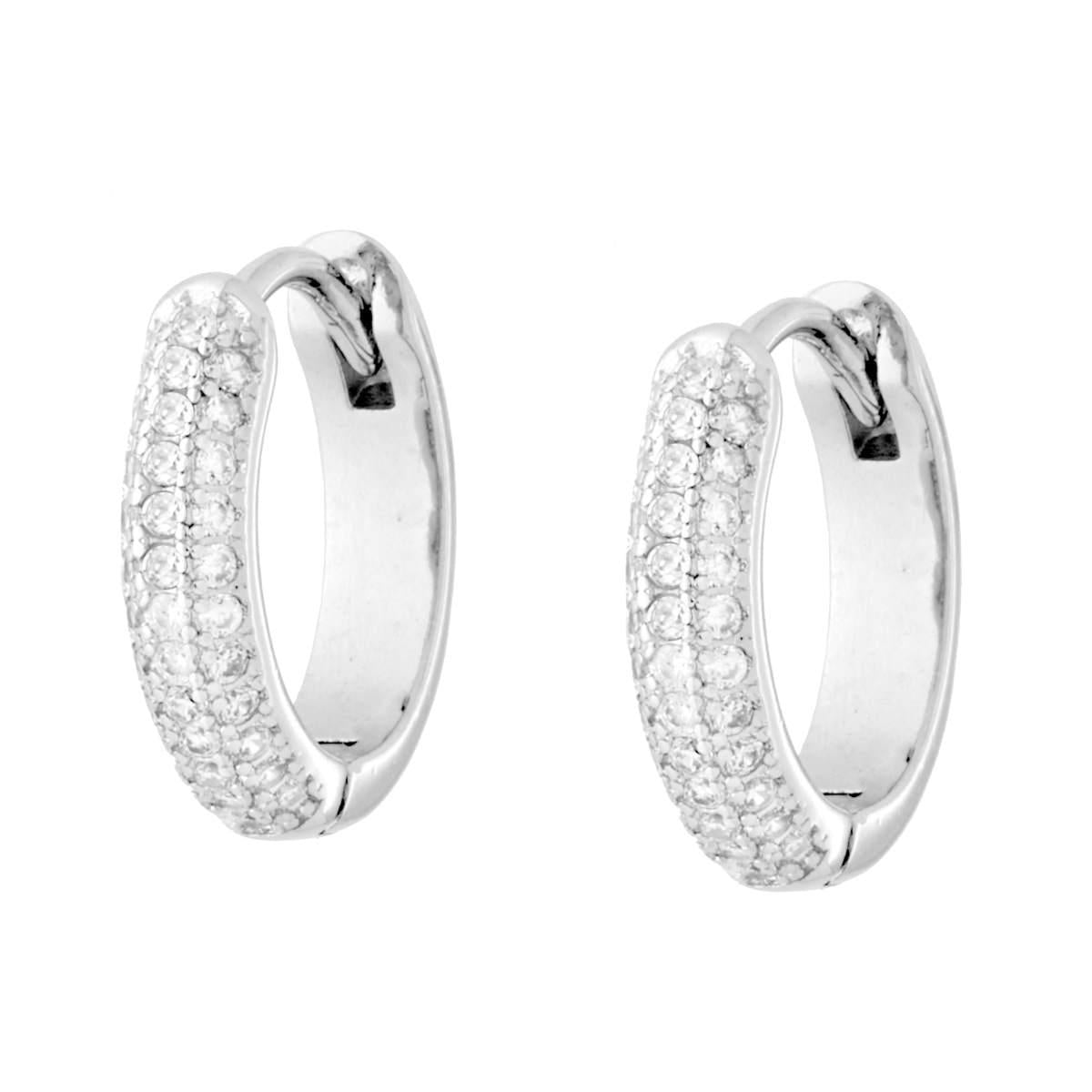 Orecchini Cerchio Creola mm 16 con Cubic Zirconia Bianchi in RAME Galvanica Rodio<BR>