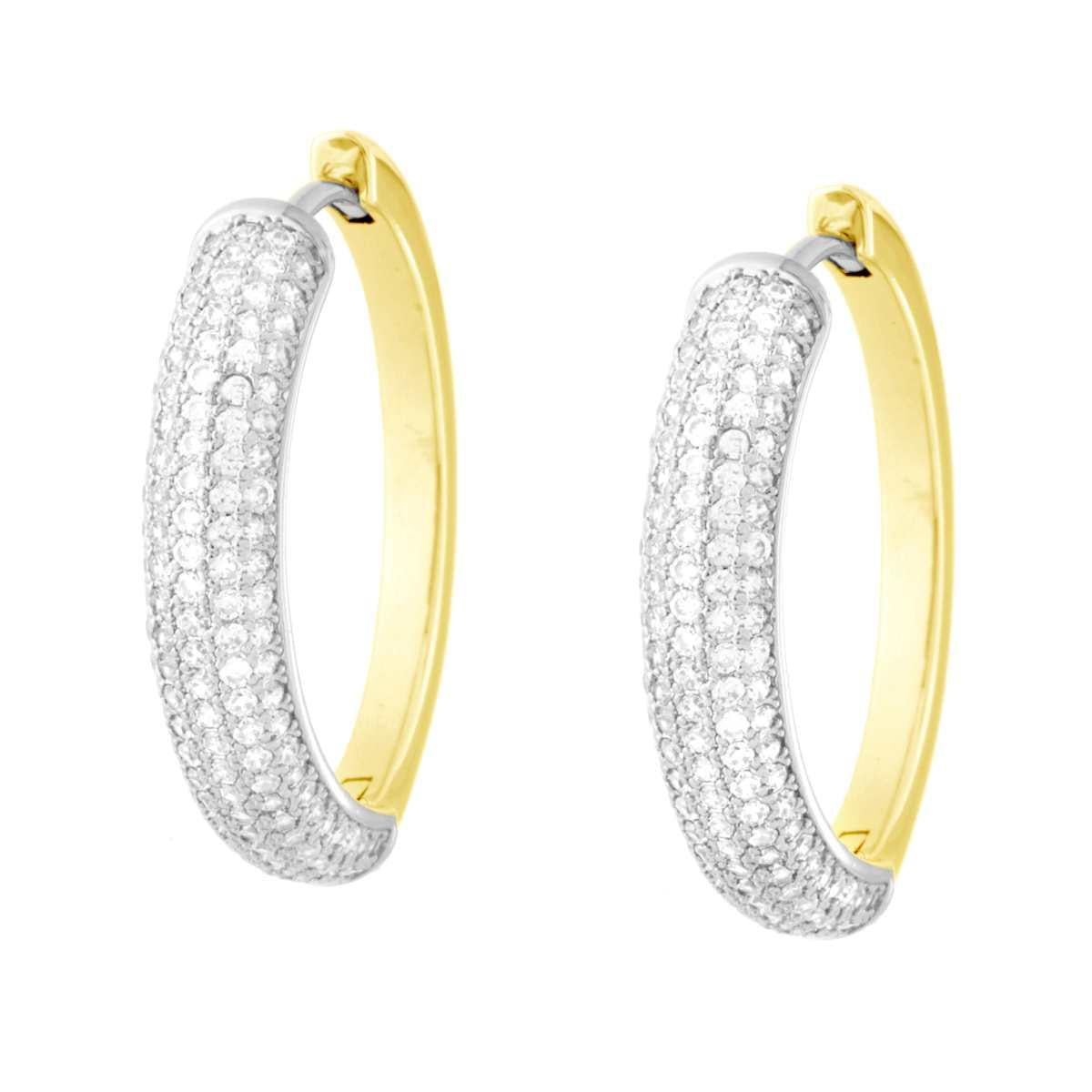 Orecchini Cerchio Creola mm 25 con Cubic Zirconia Bianchi in RAME Galvanica Rodio e Oro<BR>