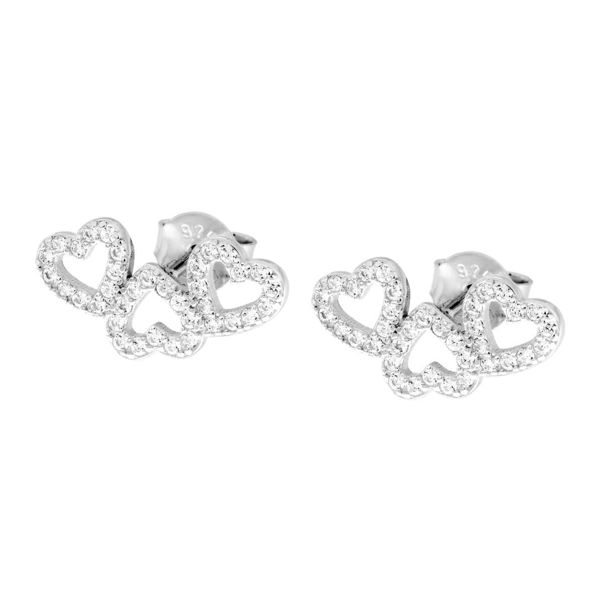 Orecchini Tre Cuori con Cubic Zirconia Bianchi in ARGENTO 925 Galvanica Rodio<BR>