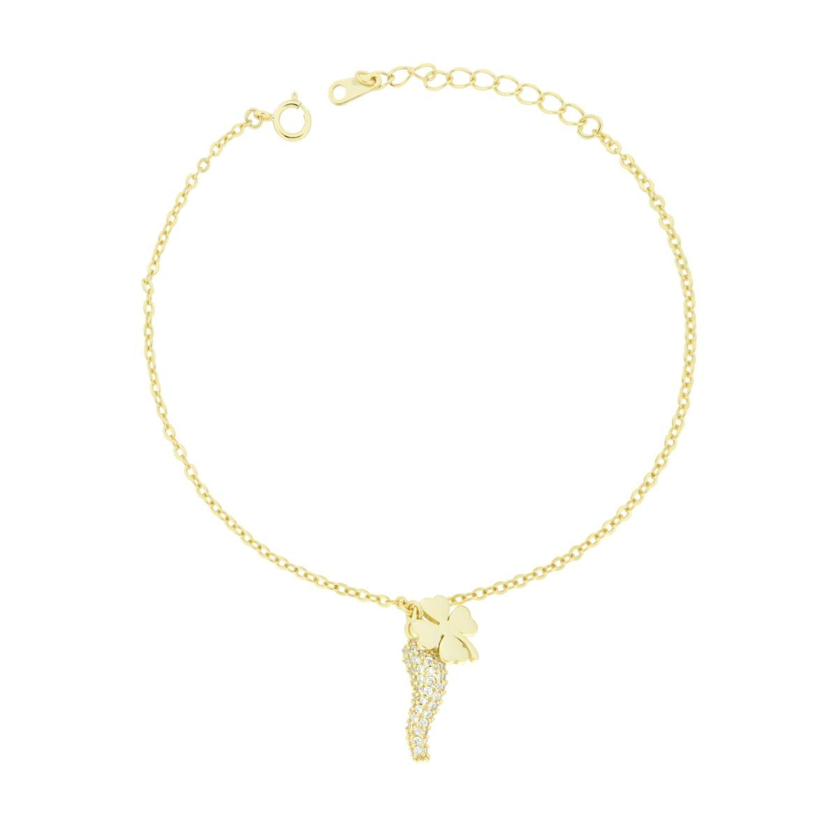 Bracciale Catena Forzatina Diamantata con Corno e Quadrifoglio pendenti con Cubic Zirconia Bianchi in ARGENTO 925 Galvanica Oro<BR>