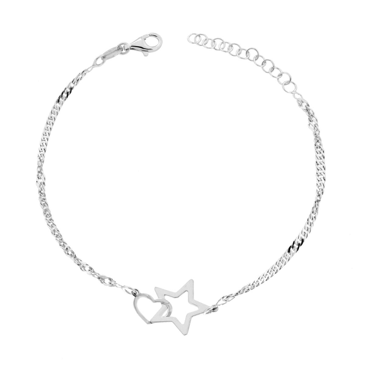 Bracciale Catena Singapore Diamantata con Stella e Cuore in ARGENTO 925 Galvanica Rodio<BR>