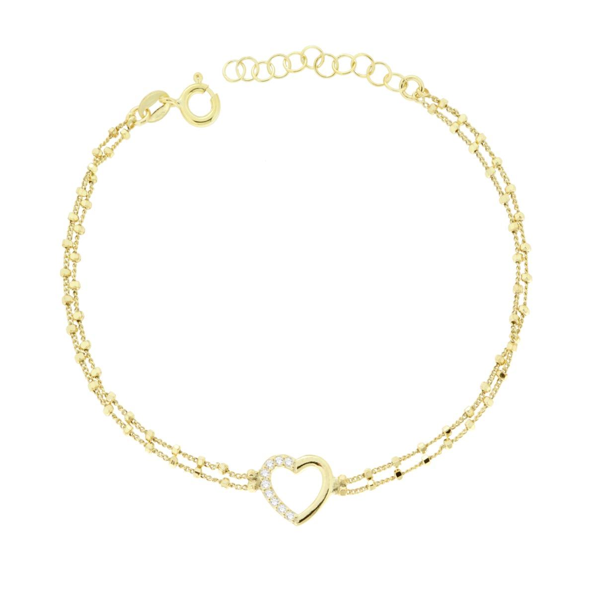 Bracciale due fili Catena con Cubetti Diamantati e Cuore con Cubic Zirconia Bianchi in ARGENTO 925 Galvanica Oro<BR>