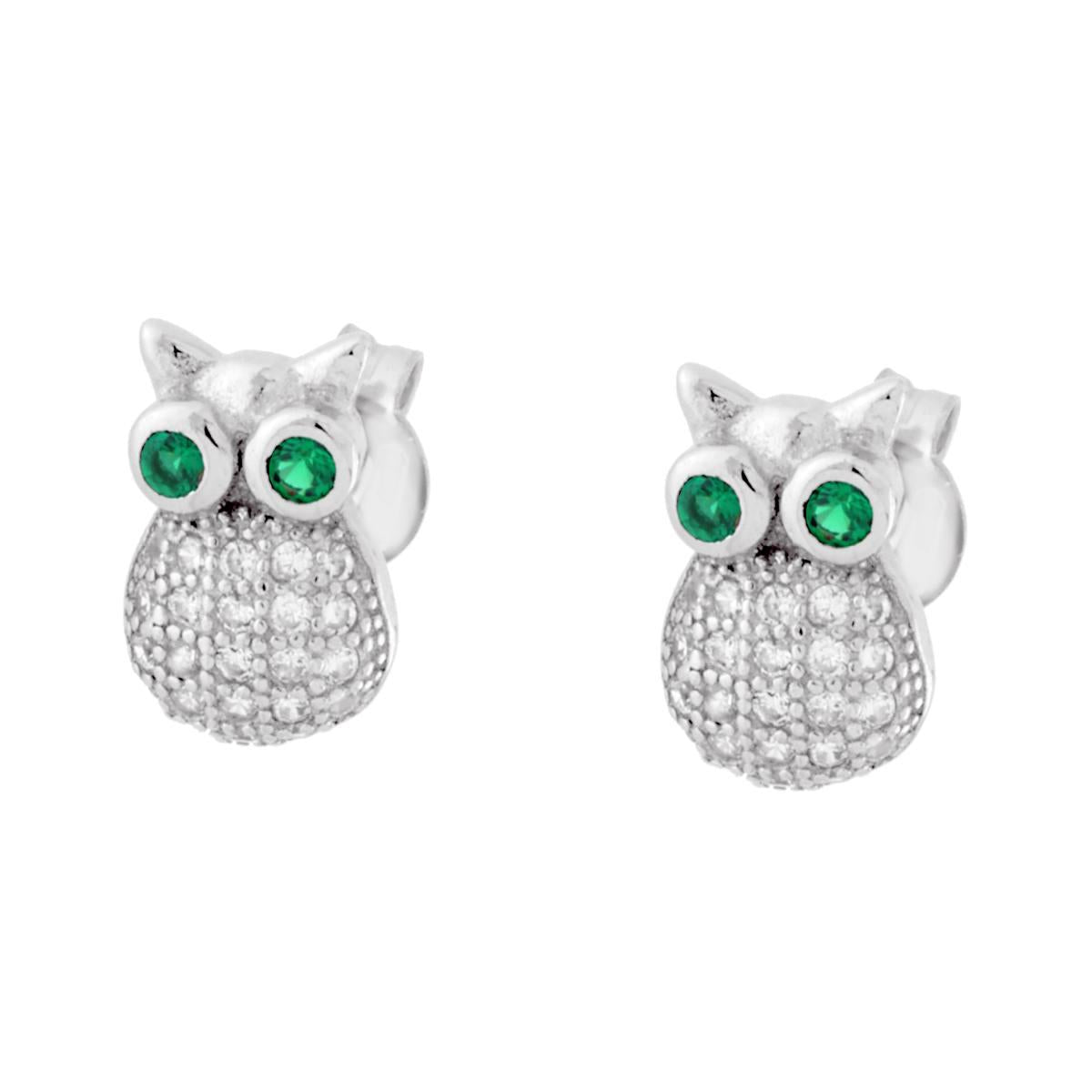 Orecchini Gufo con Cubic Zirconia Bianchi e Verde Smeraldo in ARGENTO 925 Galvanica Rodio<BR>