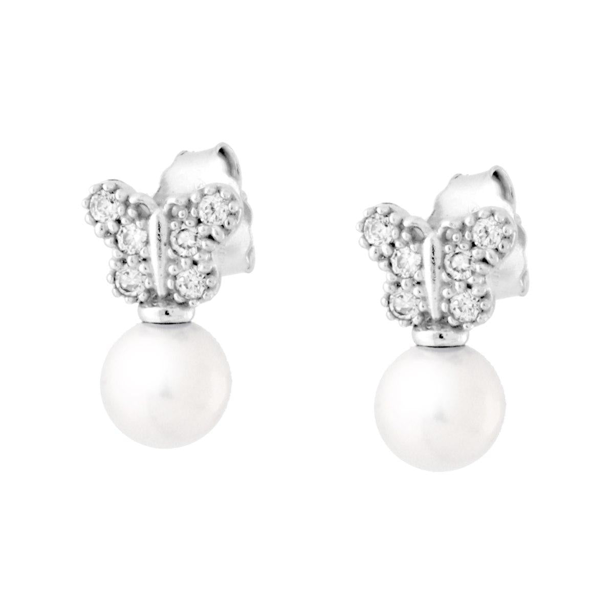 Orecchini Farfalla con Perla in Vetro Perlato e Cubic Zirconia Bianchi in ARGENTO 925 Galvanica Rodio