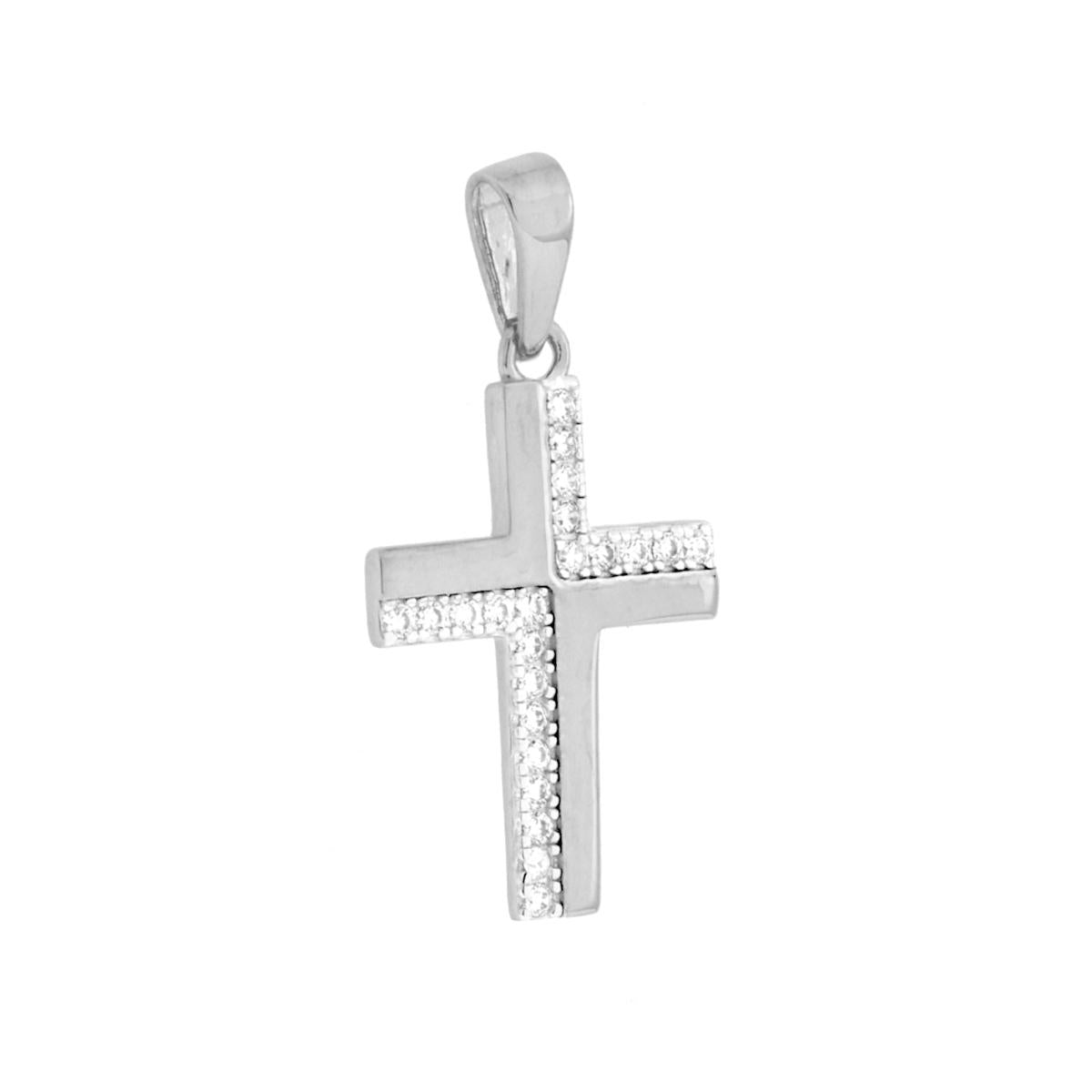 Ciondolo Croce con Cubic Zirconia Bianchi in ARGENTO 925 Galvanica Rodio<BR>