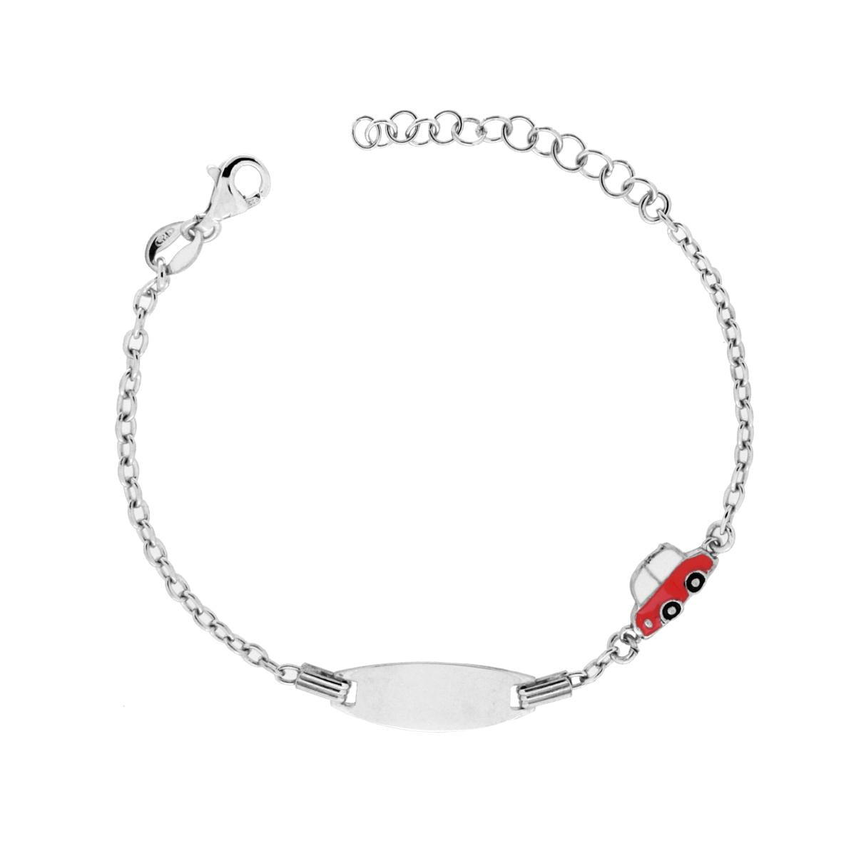 Bracciale Bimbo Bimba Targa Ovale con Catena Forzatina Diamantata e Macchinina con Smalto Rosso in ARGENTO 925 Galvanica Rodio<BR>