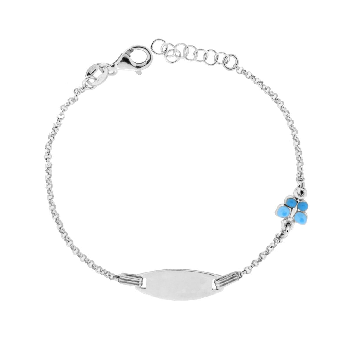 Bracciale Bimbo Bimba Targa Ovale con Catena Rolo Diamantata e Farfalla Smalto Azzurro in ARGENTO 925 Galvanica Rodio<BR>