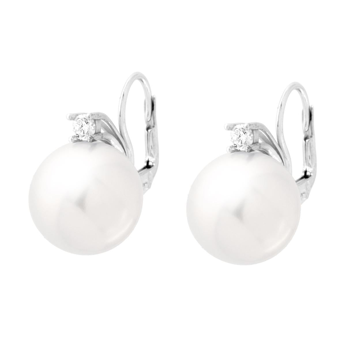 Orecchini Monachella Perla Vetro Perlato mm 14 con Cubic Zirconia Bianco in ARGENTO 925 Galvanica Rodio<BR>