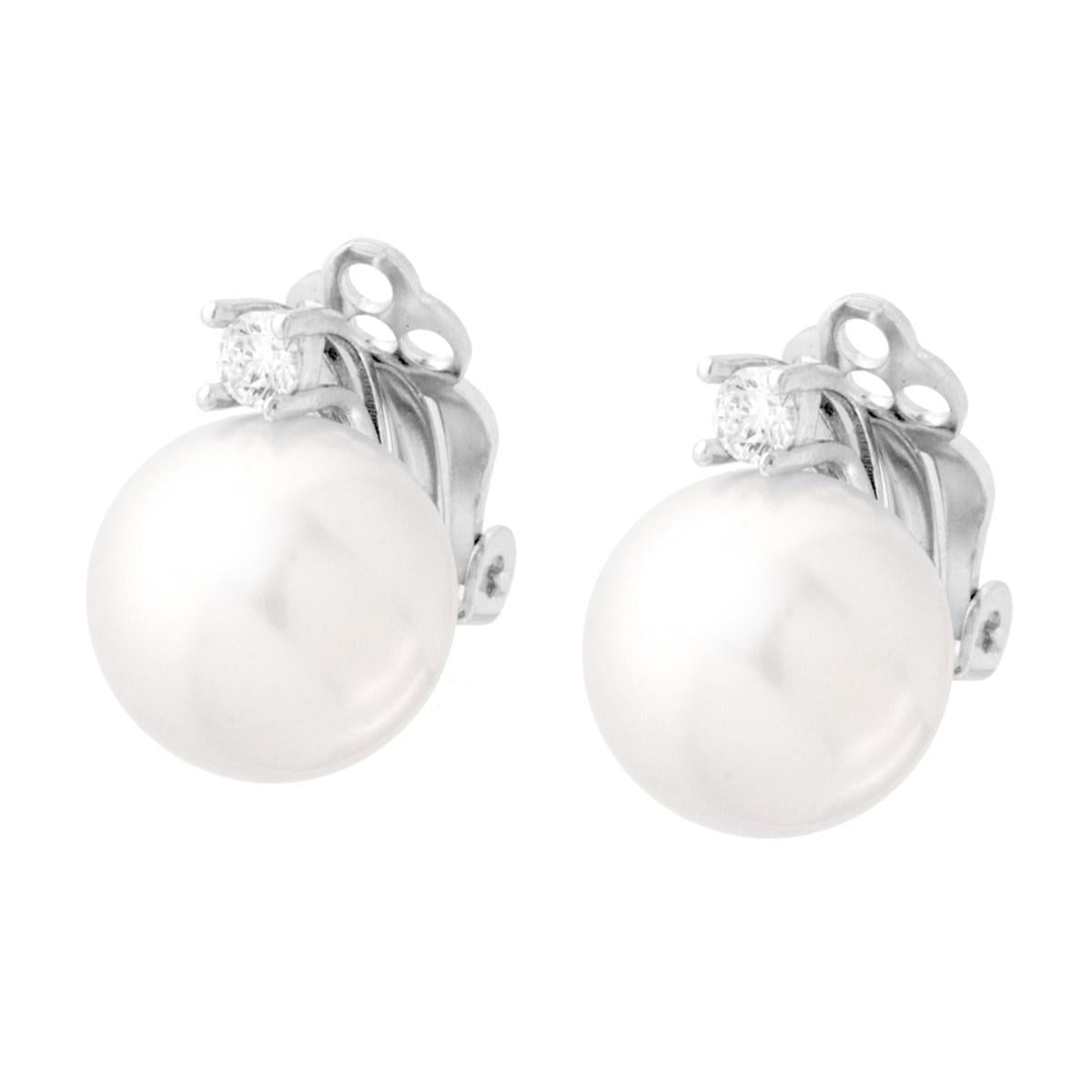 Orecchini Clip Perla Vetro Perlato mm 12 con Cubic Zirconia Bianco in ARGENTO 925 Galvanica Rodio<BR>