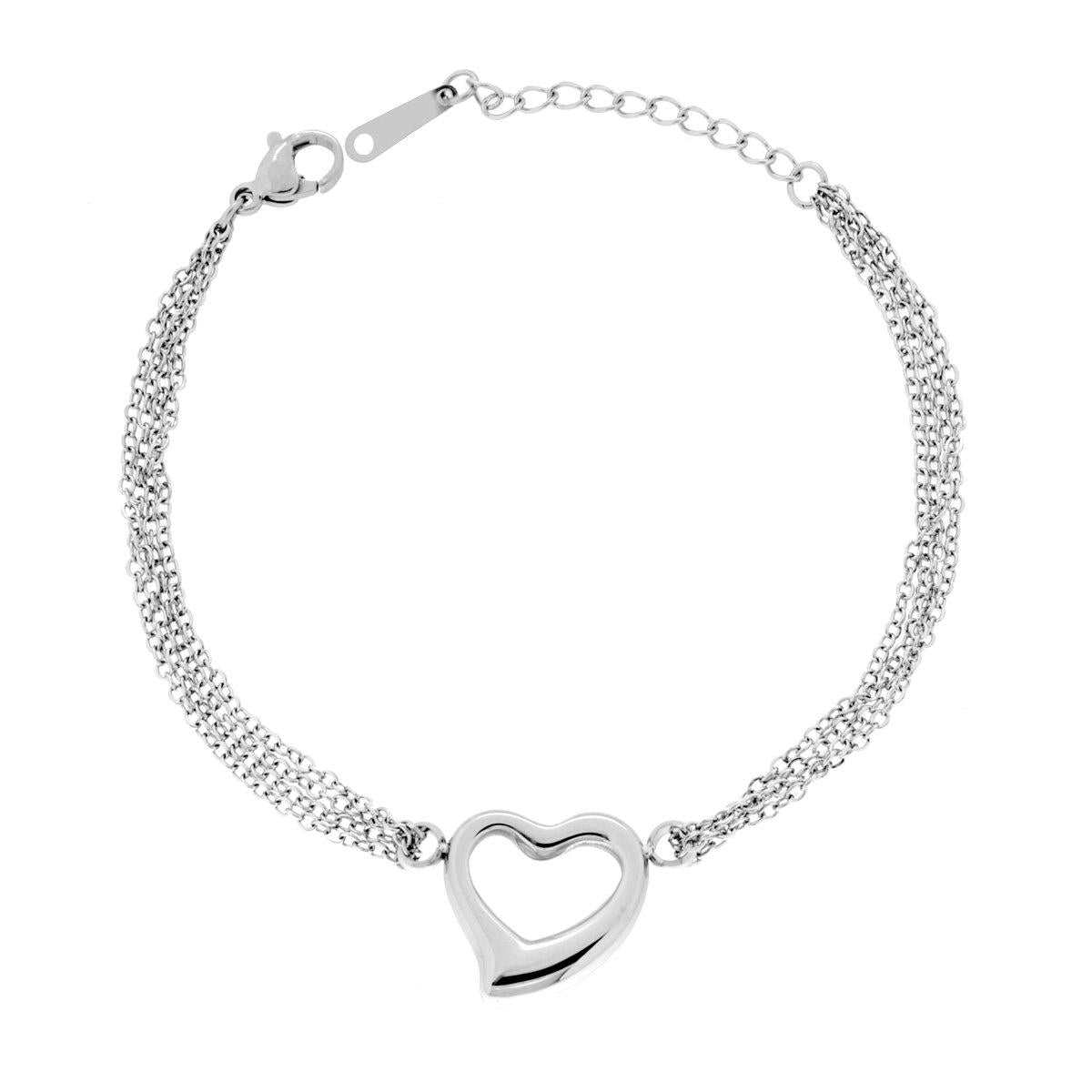 Bracciale Multifilo Catena Forzatina Diamantata con Cuore centrale in ACCIAIO<BR>