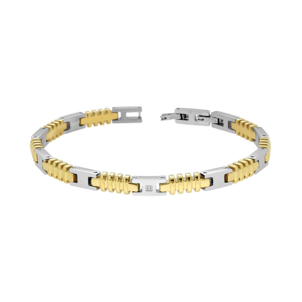Bracciale Uomo maglia Imperniata Dentellata con Dettagli Oro e Crystal Bianco in ACCIAIO<BR>