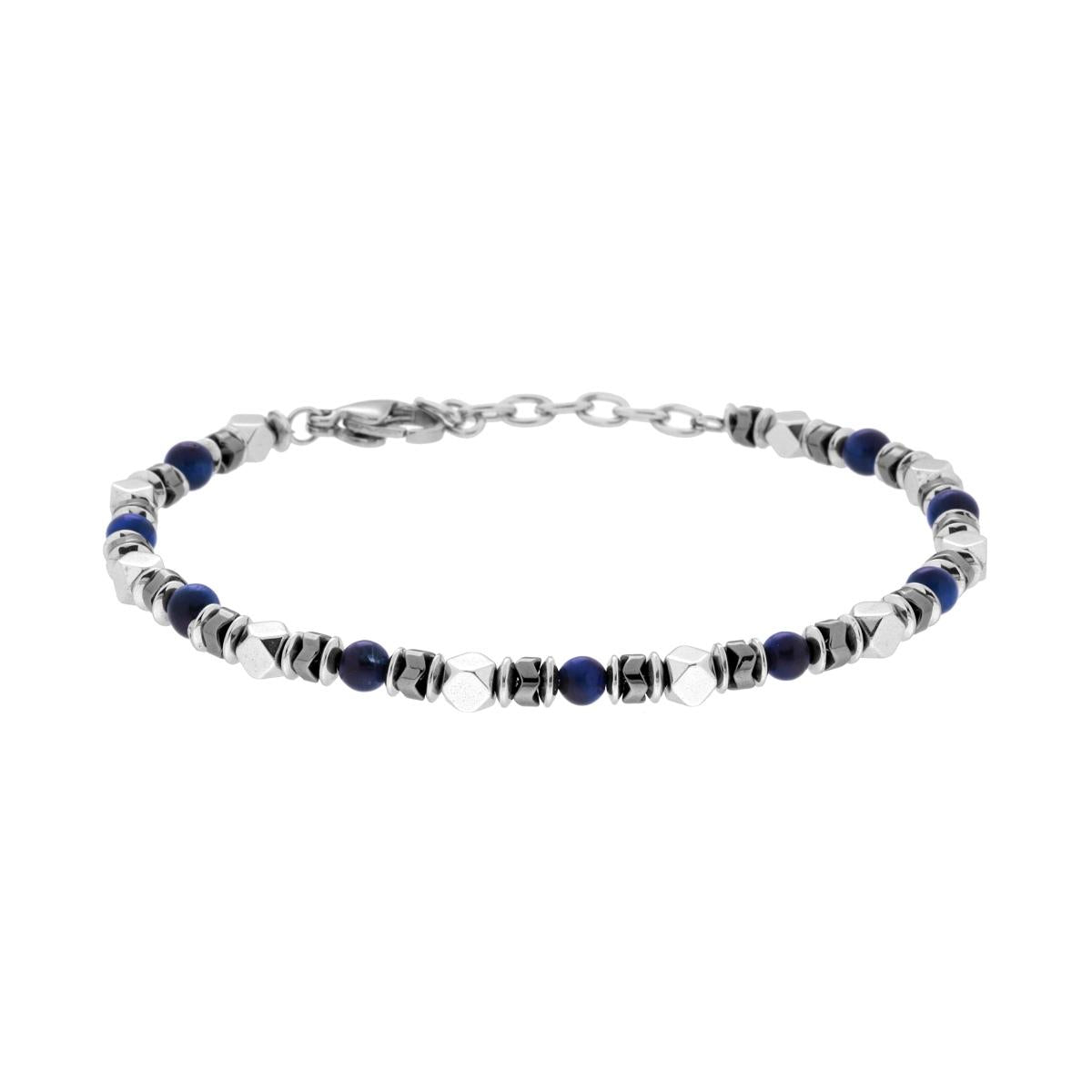 Bracciale Catena con Cubetti e Pietre colore Blu Lapislazzuli in ACCIAIO<BR>