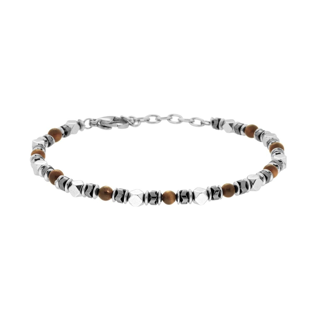 Bracciale Catena con Cubetti e Pietre colore Occhio di Tigre in ACCIAIO<BR>