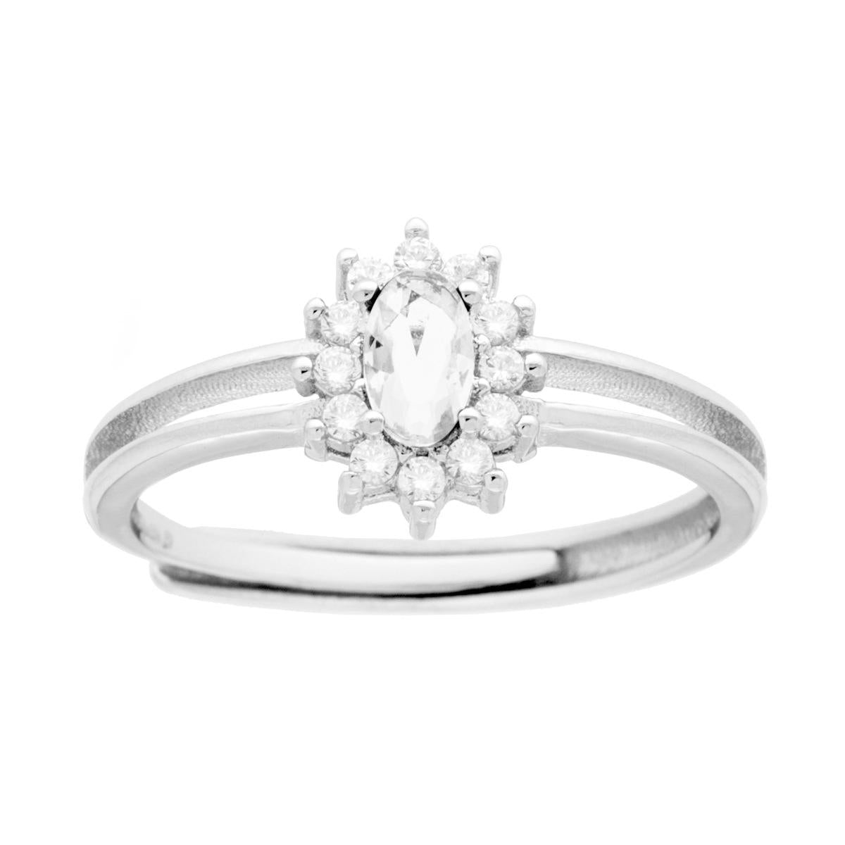 Anello Solitario con Zircone ovale Bianco contornato con Zirconi Bianchi in ARGENTO 925 Galvanica Rodio