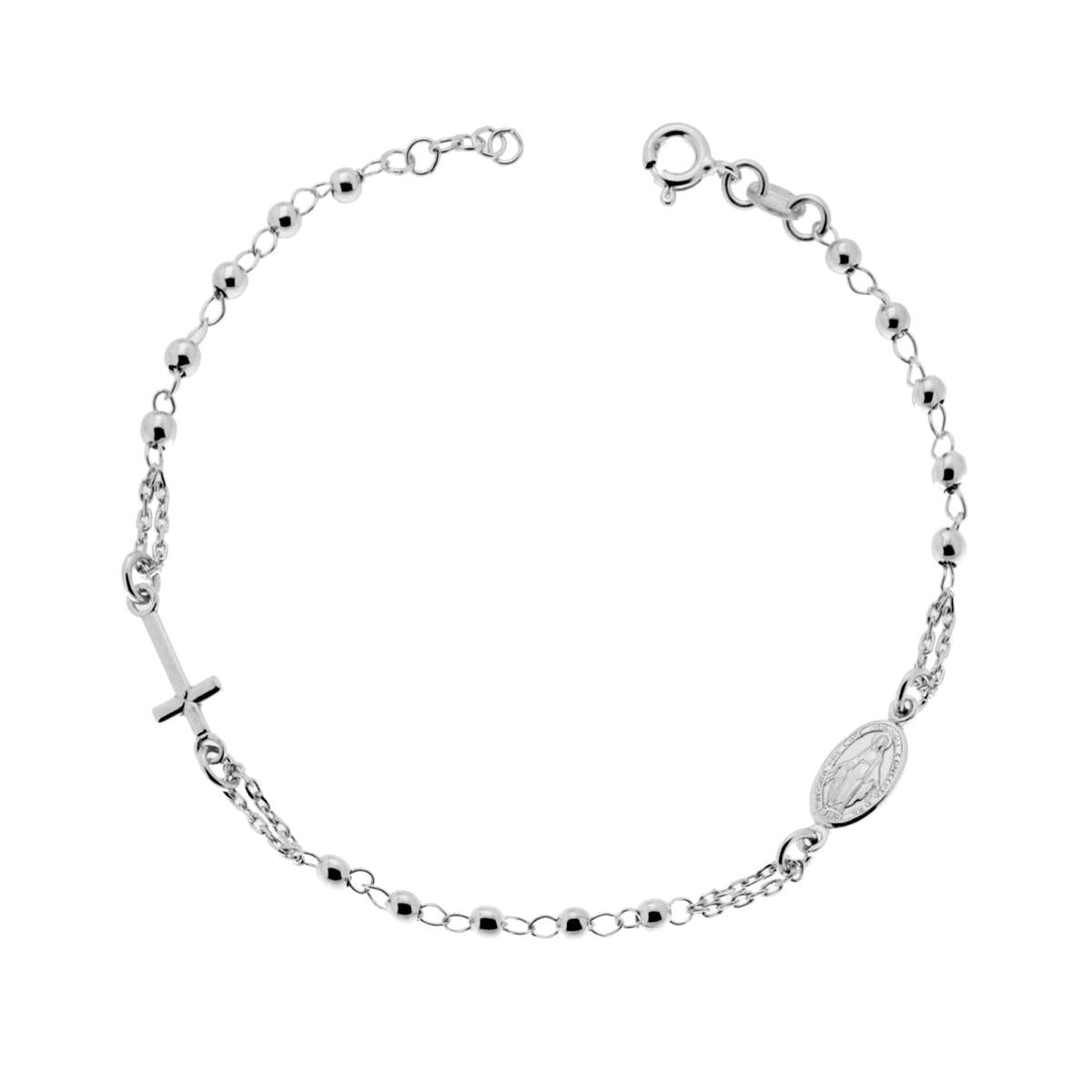 Bracciale Rosario cm 18+2 con Grani mm 3 con Croce e Medaglia Madonna in ARGENTO 925 Galvanica Rodio