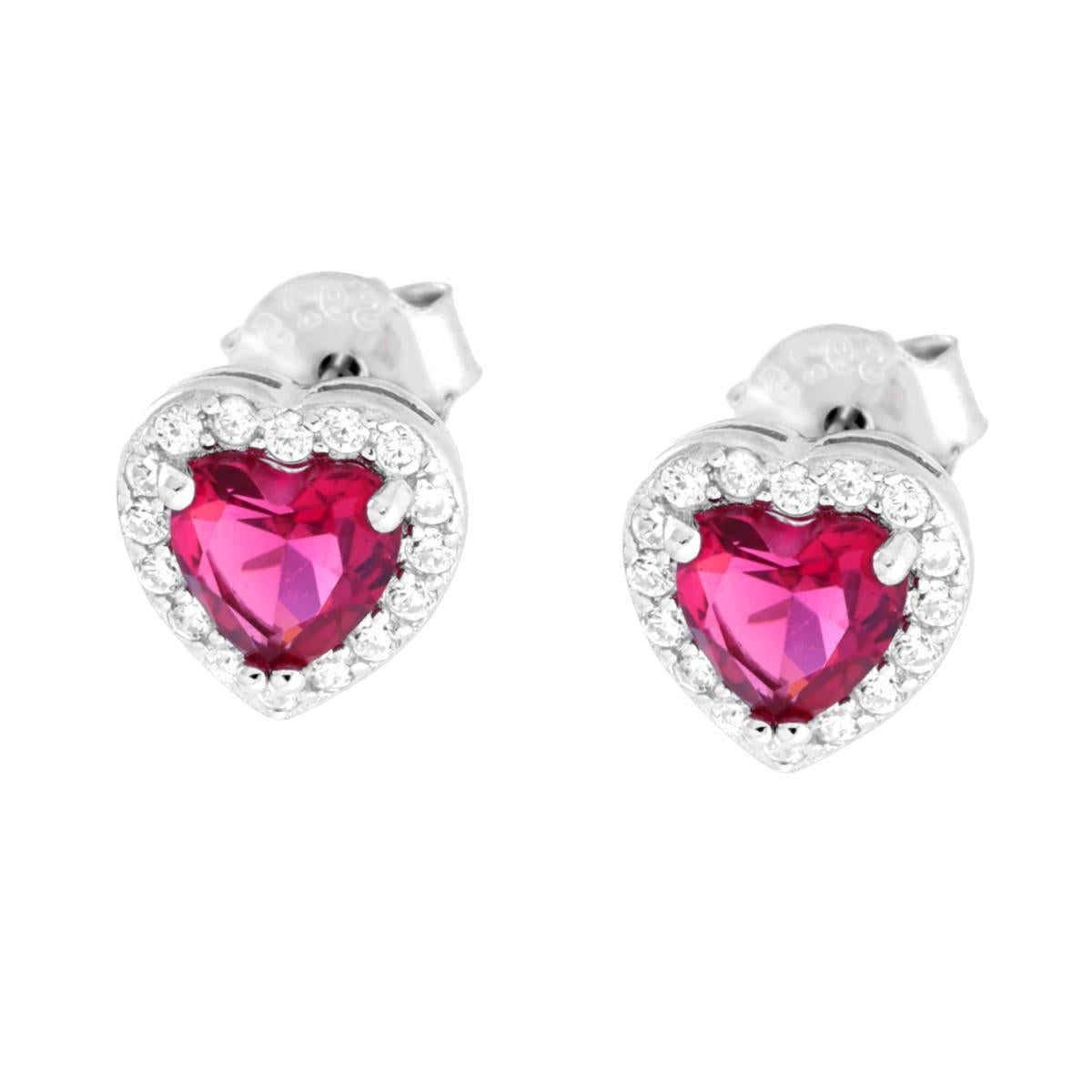 Orecchini Cuore con Zirconi Rosso Rubino contornati con Zirconi Bianchi in ARGENTO 925 Galvanica Rodio