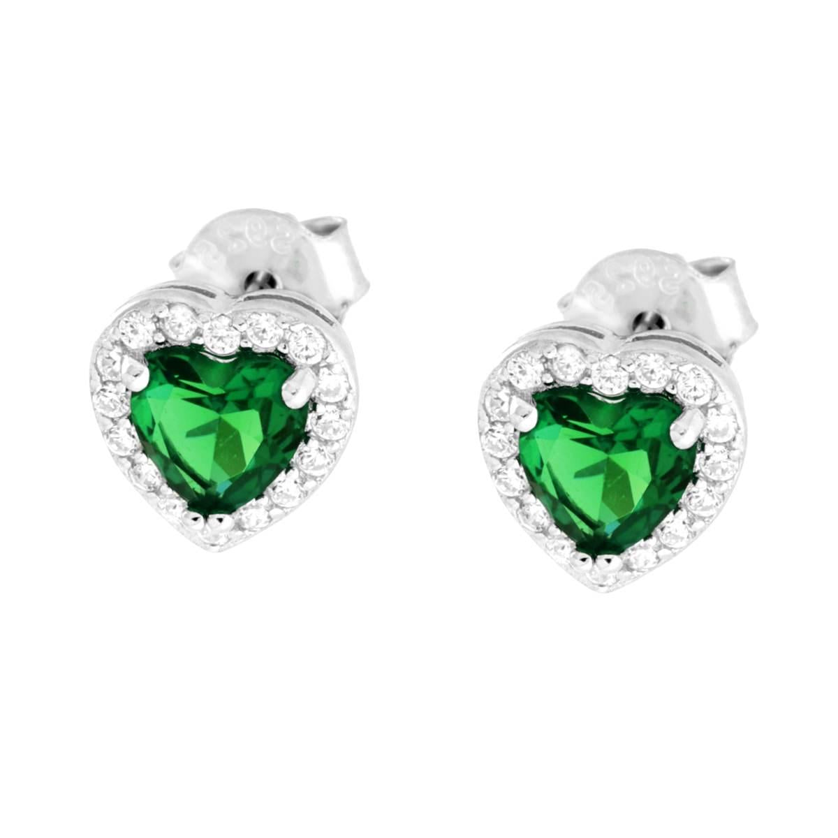 Orecchini Cuore con Zirconi Verde Smeraldo contornati con Zirconi Bianchi in ARGENTO 925 Galvanica Rodio