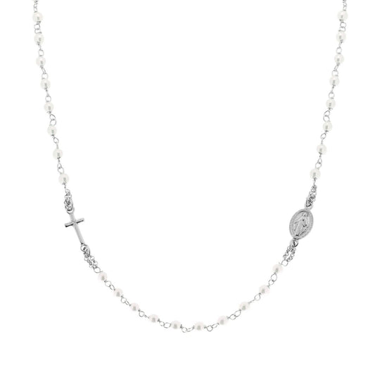 Collana Rosario cm 50 con Grani Perla mm 3 con Croce in ARGENTO 925 Galvanica Rodio