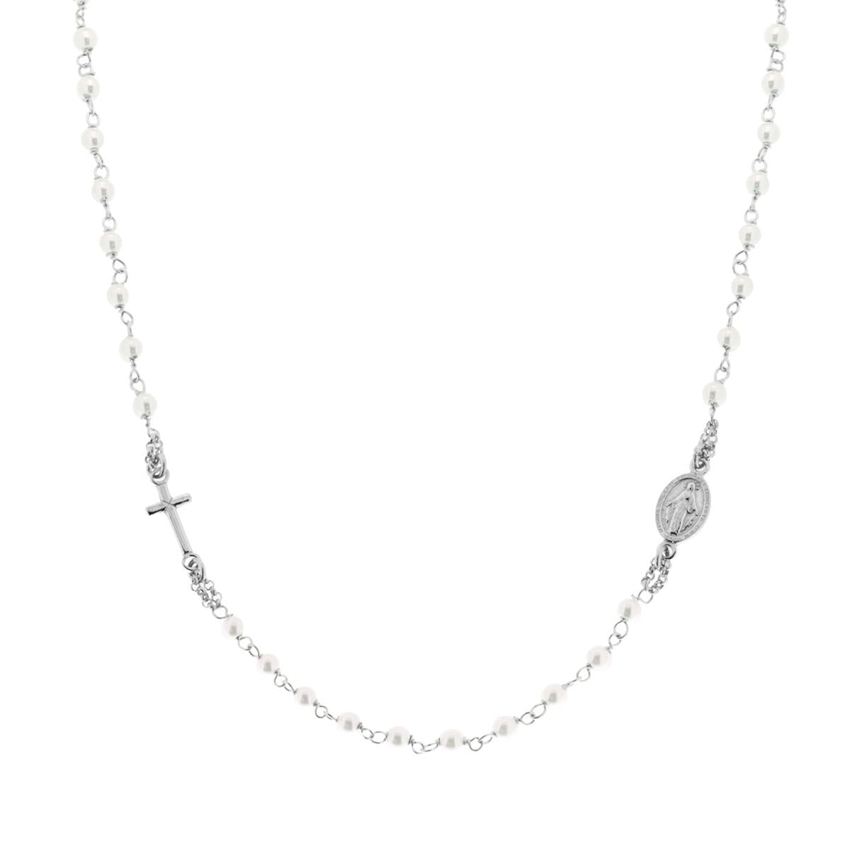 Collana Rosario cm 50 con Grani Perla mm 3 con Croce in ARGENTO 925 Galvanica Rodio