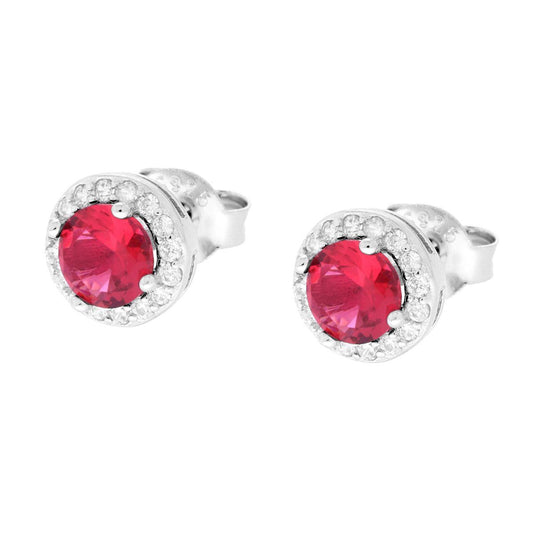 Orecchini forma Tonda con Zircone Rosso Rubino contornato con Zirconi Bianchi in ARGENTO 925 Galvanica Rodio