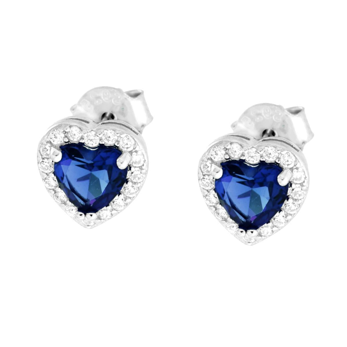 Orecchini Cuore con Zirconi Blu Zaffiro contornati con Zirconi Bianchi in ARGENTO 925 Galvanica Rodio