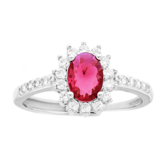 Anello Halo Solitario con Zircone Ovale colore Rosso Rubino e Zirconi Bianchi in ARGENTO 925 Galvanica Rodio