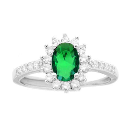 Anello Halo Solitario con Zircone Ovale colore Verde Smeraldo e Zirconi Bianchi in ARGENTO 925 Galvanica Rodio