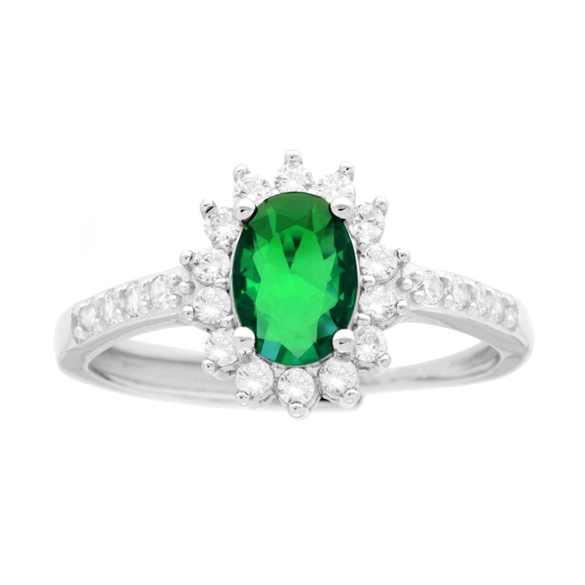 Anello Halo Solitario con Zircone Ovale colore Verde Smeraldo e Zirconi Bianchi in ARGENTO 925 Galvanica Rodio
