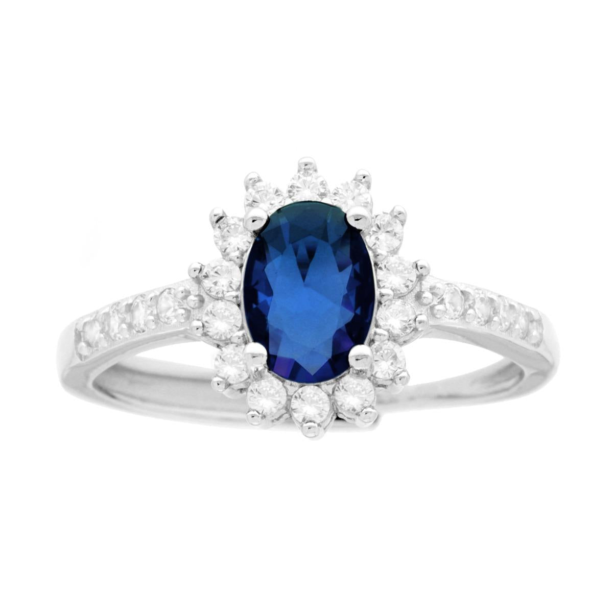 Anello Halo Solitario con Zircone Ovale colore Blu Zaffiro e Zirconi Bianchi in ARGENTO 925 Galvanica Rodio