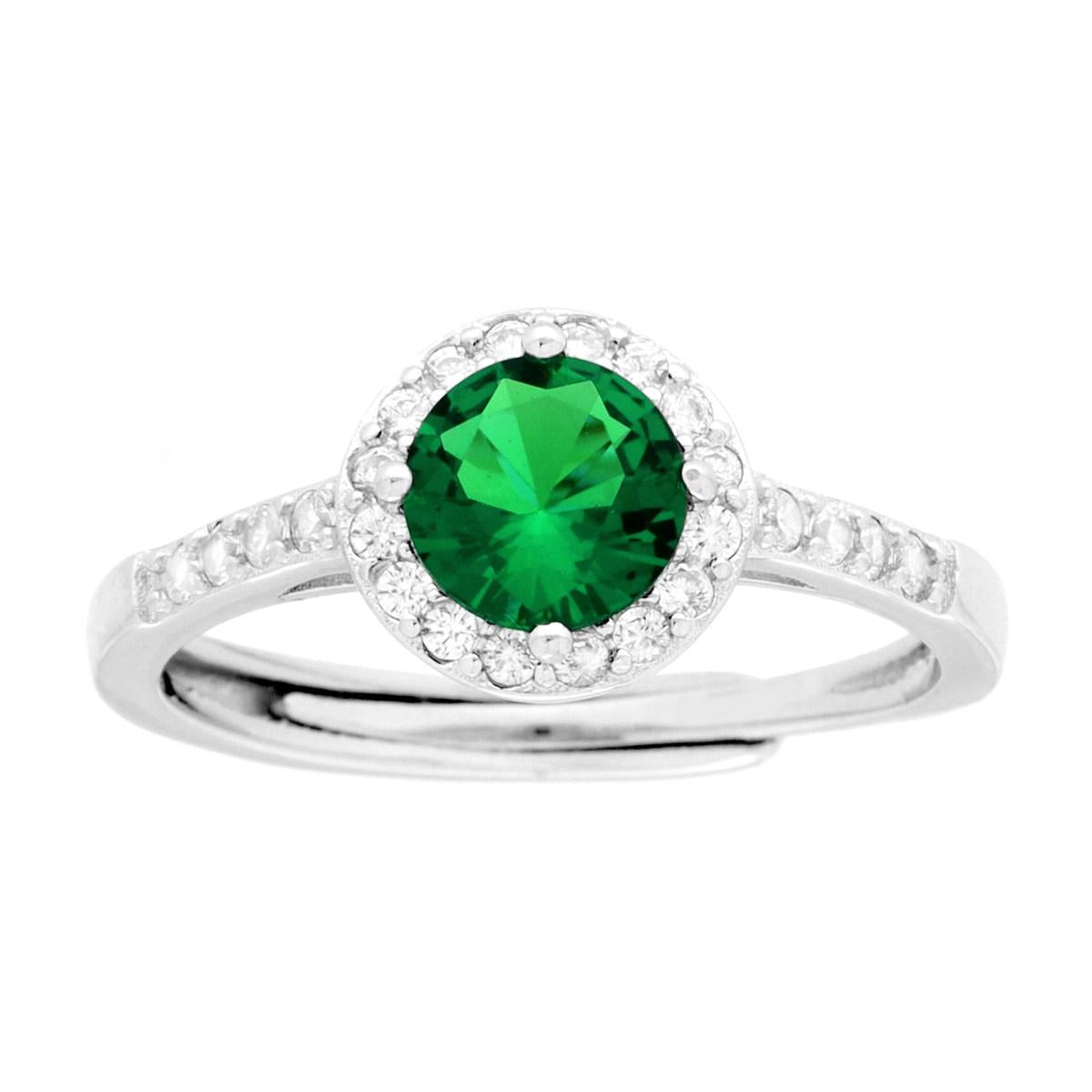 Anello Halo Solitario con Zircone Tondo Verde Smeraldo contornato con Zirconi Bianchi in ARGENTO 925 Galvanica Rodio