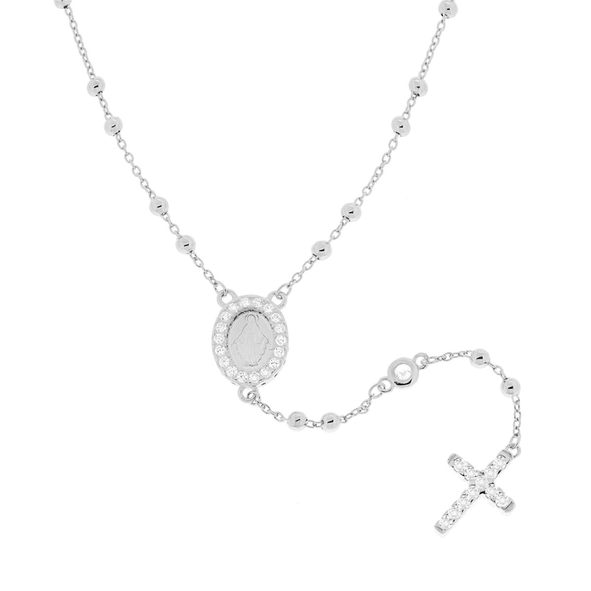 Collana Rosario cm 52+4 con Grani a pallina liscia mm 2.6 e Zirconi Bianchi in ARGENTO 925 Galvanica Rodio