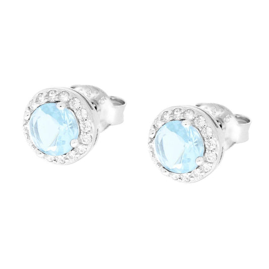 Orecchini forma Tonda con Zircone Acquamarina contornato con Zirconi Bianchi in ARGENTO 925 Galvanica Rodio