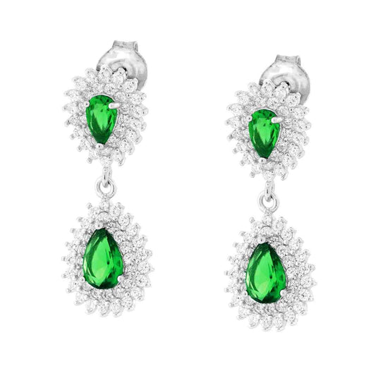 Orecchini Pendenti a Goccia con Zirconi Verde Smeraldo contornati con Zirconi Bianchi in ARGENTO 925 Galvanica Rodio