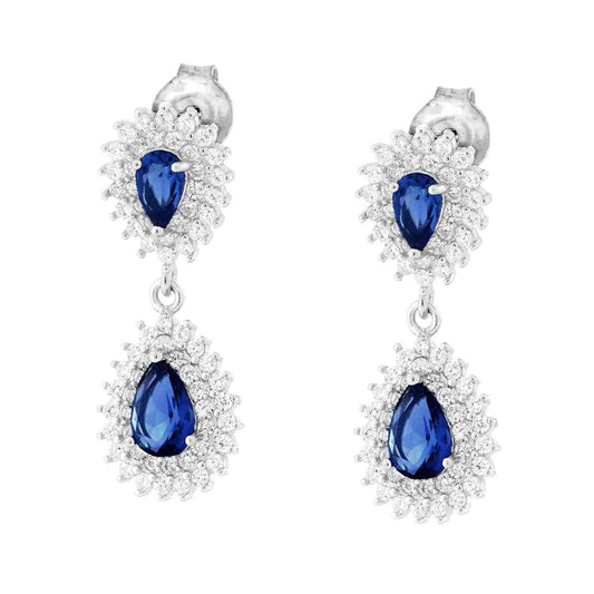 Orecchini Pendenti a Goccia con Zirconi Blu Zaffiro contornati con Zirconi Bianchi in ARGENTO 925 Galvanica Rodio