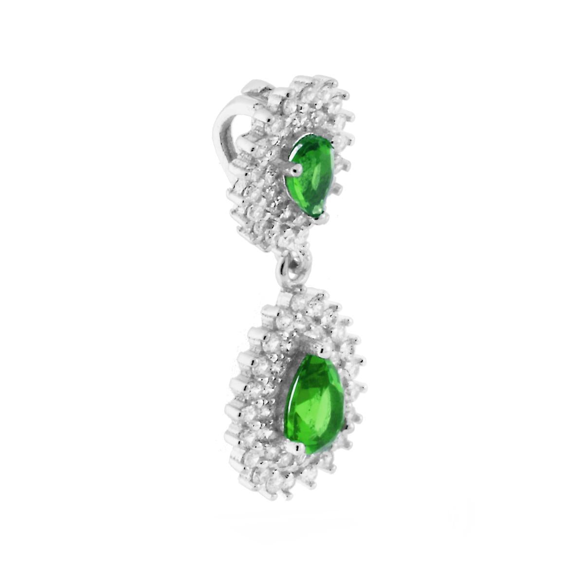 Ciondolo Pendenti Verde Smeraldo a Goccia contornati con Zirconi Bianchi in ARGENTO 925 Galvanica Rodio